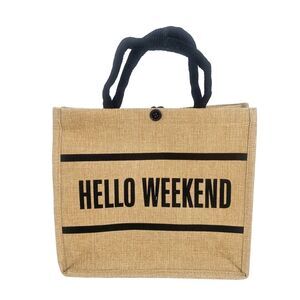 Hello Weekend Print Burlap Tote Beach Bag Tan
